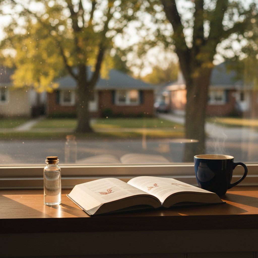 Peptide vial on a window-sill with an open clinical journal and coffee, looking onto a tree-lined neighborhood